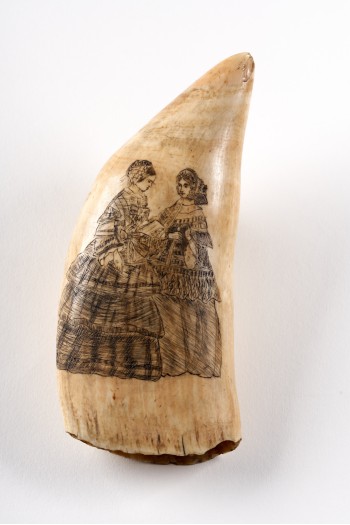 Scrimshaw depicting two well dressed ladies reading a book