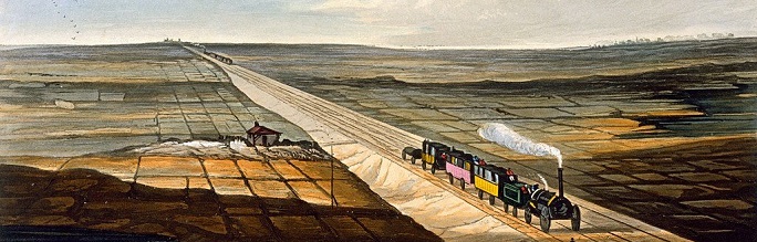 A railway line runs diagonally across the image from top left to bottom right, and a steam locomotive pulling three coaches heads to the bottom right. Another steam train can be seen in the far distance. A patchwork of flat fields lie either side of the track. This is a section of the second image down 