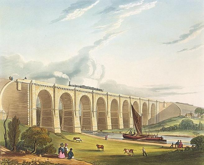 A great viaduct spans the picture with nine arches rising over a river to the right. A boat with a brown sail heads towards the viaduct, while a steam train passes along the top. In the foreground there are two women and a child in Victorian dress. They look over a field which runs down to the riverbank, where cattle being driven by a farmworker