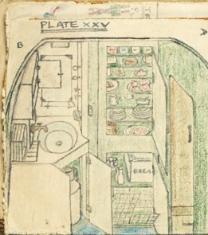 hand drawn larder in the dream caravan drawn in pencil and coloured pencil contains bread, cakes, sandwiches and many provisions for making a meal