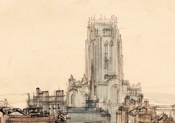 An architectural watercolour of the Anglican Cathedral