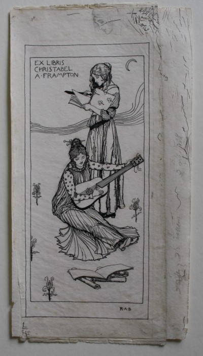 The full image of the bookplate showing one girl stood reading and another sat reading music whilst playing a guitar like instrument.  