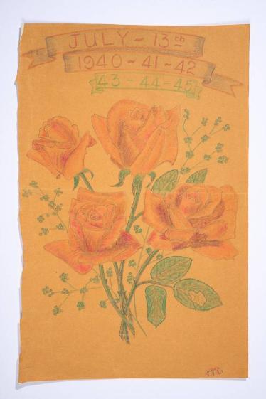 An anniversary ‘card’ drawn on a small piece of coloured paper depicting four red roses and stems, including some gypsophila spray. At the top are the dates 13th July 1940-1941-1942-1943-1944-1945.