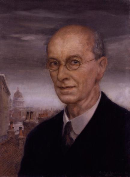 This head and shoulders portrait of Arthur Rackham show a balding man in his sixties wearing a suit, shirt, tie with gold-rimmed glasses. London buildings including St Paul’s Cathedral is on the left.