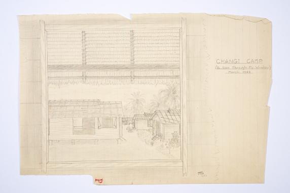 A faint pencil drawing by Maurice green of the view from his window, showing 4 basic accommodation huts in the Changi POW camp, Singapore March 1942.