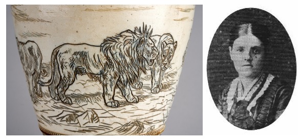 Detail of lion vase (left) and (right) photo of Hannah Barlow c.1877 (Creative Commons licence)