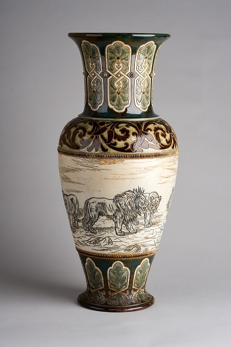 Large vase by Doulton & Co with lion decoration by Hannah Barlow, 1885 (VG&M Collection)