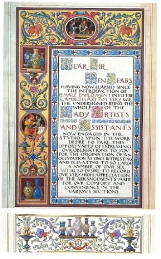 Illuminated manuscript c.1881 recognising 10 years of female employment at Doulton & Co. (Image used with kind permission of the London Borough of Lambeth Archives Dept)