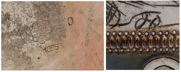 Base of vase with 1885 and maker's stamp (left). Hannah Barlow monogram (right)