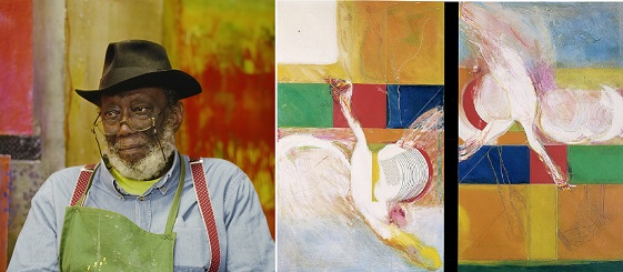 Left: Frank Bowling © Nicholas Sinclair. Right: Frank Bowling, Big Bird, 1964 © Frank Bowling. Both images: All Rights Reserved, DACS 2022.