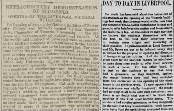 Extracts from newspapers several days after the student pranks – Left ‘Supplement to the Macnhester Courier, Saturday December 17 1892. Right – The Liverpool Mercury, Monday 19 December 1892