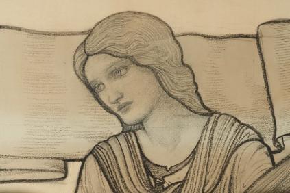 Detail of a sketch (cartoon) for a stained glass window of a young woman's face.