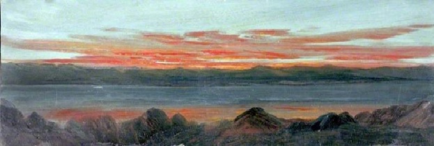 “Landscape with a Lake Surrounded by Mountains at Sunset” Caroline Emily Gray Hill Oil on Canvas. VG&M Collection