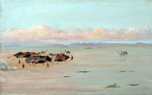 “Desert Landscape with Bedouin tents, Camels and Figures” Caroline Emily Gray Hill Oil on Canvas. Here the human elements stand in stark compositional contrast to the landscape. Neither seem to marry well to the other.