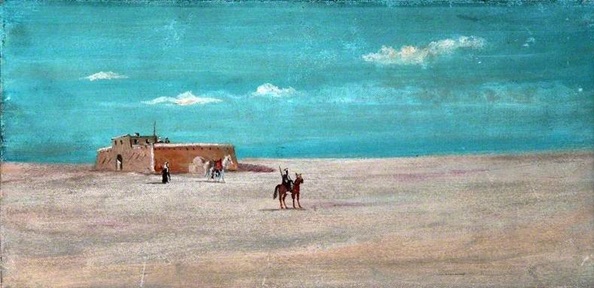 “Desert Landscape with a remote building, Figures and Horses” – Caroline Emily Gray Hill Oil on Canvas. A simplistic and lonely scene that seems to stretch on forever.