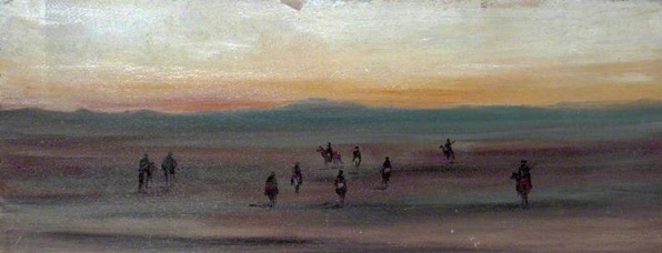 “Desert landscape with Camel Riders at Sunset” – Caroline Emily Gray Hill Oil on Canvas. A quiet contemplation of the end of a day.