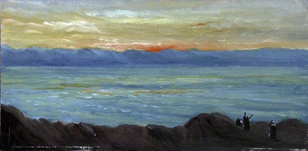 “Landscape with a Lake Surrounded by Mountains with Figures at Sunset” – Caroline Emily Gray Hill Oil on Canvas. The sheer numbers of skies she painted- she gets great joy from the activity.
