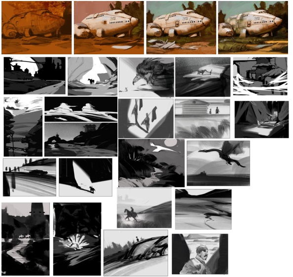 Examples of Thumbnail compositions and how they translate into more ‘polished’ works. I’m not afraid to admit that most of these are rather unworkable and poor. But you must produce these stinkers as you get your abstract ideas out