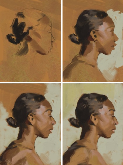 Above is an example of a practice portrait I enjoyed because the idea was worthy enough to continue within the first few stages. The idea being the simple way the light described the volume of the face and the hue change it created.