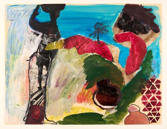 Left image - Conversations, acrylic and collage on paper, 1990. Right Image - Study of Washing at the Water, watercolour on paper, 1990