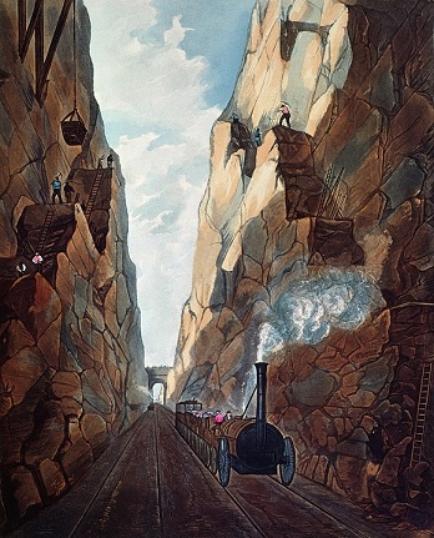 The artist has composed the scene so it seems that the viewer is standing on the tracks in a deep gorge as a steam locomotive puffs towards them. Steep rock-faces rise up on either side. There are tiny figures of work-men standing up and down the rock-faces to cut and shape them, while a network of ladders, hoists and buckets facilitate their toil. 