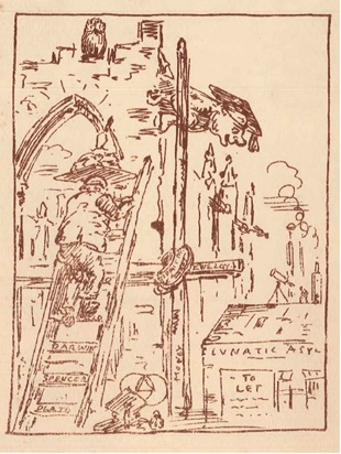 This sketch from the University of Liverpool’s Special Collections & Archives shows the construction of the Victoria Building overlooking the asylum. The sketch playfully depicts a man wearing a mortarboard next to a builder wearing mortar on a board on his head.