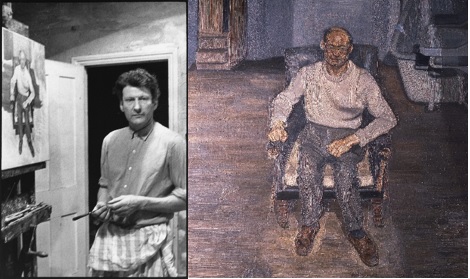 Harry Diamond: Lucian Freud, 12 February 1970 NPGx210134 (c) National Portrait Gallery, London. (right) Lucian Freud: Paddington Interior, Harry Diamond (1970) (c) The Lucian Freud Archive. All rights Reserved 2022. Bridgeman Images.