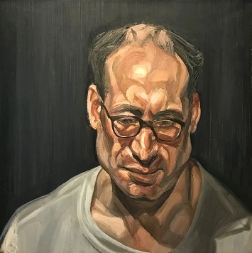 Lucian Freud: Man with Glasses (c.1963 – 64).  61cm x 61cm, oil on canvas. © The Lucian Freud Archive. All Rights Reserved 2022. Bridgeman Images. Private Collection.