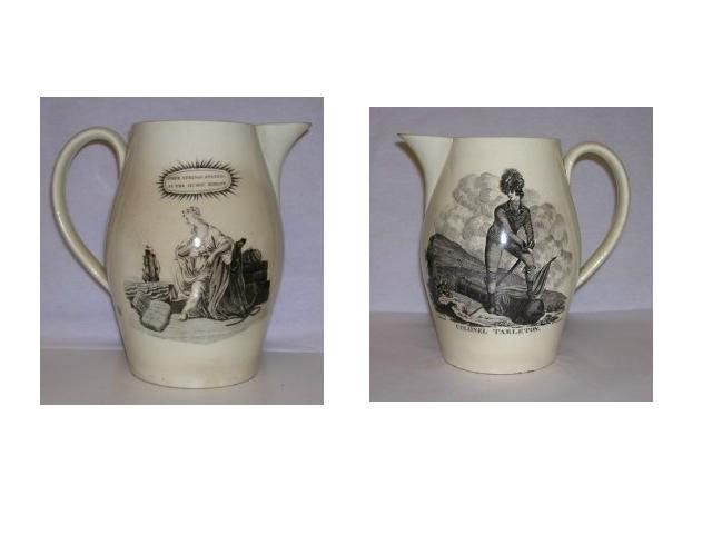 Front and back view of a commemorative cream glaze, earthenware jug with black transfer print of a Colonel Tarleton in naval unifom on one side and a female on the other watching a ship leave port.