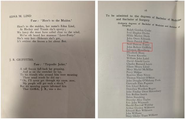 Left – the 1923 Gag songs for students Edna M Lind and J.R Griffiths and right – the degree ceremony lists John Robert Griffiths as a Bachelor of Medicine/Bachelor of Surgery.