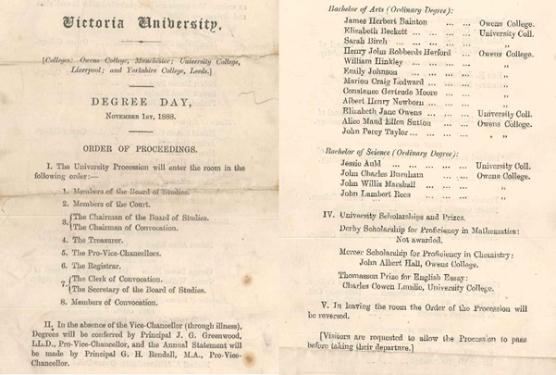 Elizabeth Beckett’s Order of Proceedings for Degree Day 1888.