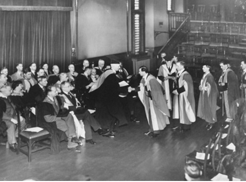 A Medical School Graduation Ceremony held in the Arts Theatre, (now Leggate Theatre) in the Victoria Building, December 1936.