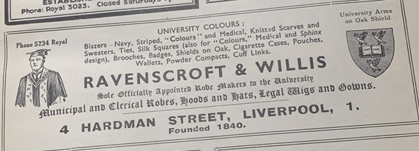 Advertisement for Ravenscroft & Willis gowns in the 1938 Sphinx Student Magazine.