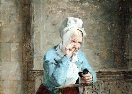 James Hayllar: Pleasure with Devotion, 1882 (Detail - Courtesy of The Atkinson, Southport). The painting (of which just a detail is shown) has an elderly lady wearing a white shirt with light blue jacket over it and a white bonnet putting in pinch of snuff in her nose with one hand while holding a snuff box in the other. She is leaning on the back of a chair. 