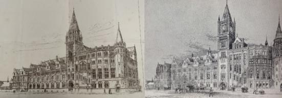 Left - One of Waterhouse’s proposed architectural plans for the Victoria Building, circa 1887 Right – A sketch of the completed Victoria Building from the 1890s showing the addition of the clock, royal emblems and inscriptions.