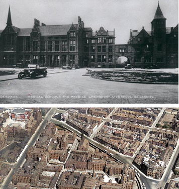 Top - Quadrangle in the early 1900s. Bottom – Colourised aerial view circa 1931, quadrangle can be seen top left of image.