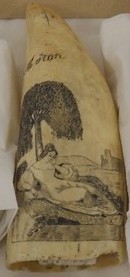 A walrus tusk engraved with an image depicting a lady beneath a tree representing longing and fidelity 