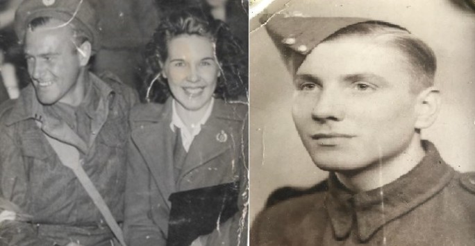 On the left a black and white photograph of Maurice Green and his wife Doris. Maurice is in his army uniform they are sat down together, his kit bag across his lap. They are both smiling happy to be reunited. On the right a black and white photograph of William Dickinson Davies sat in profile. He is wearing his army uniform and hat.