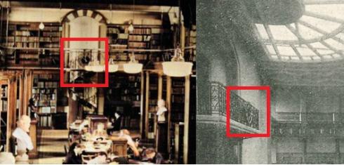 Left - The Library clock can be seen above the spiral staircase, Right – The Leggate Theatre clock is just about visible & positioned on the iron balcony rail.