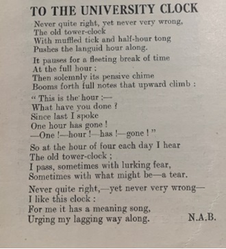 Another ode to our clock from The Sphinx Student Magazine, 1926.