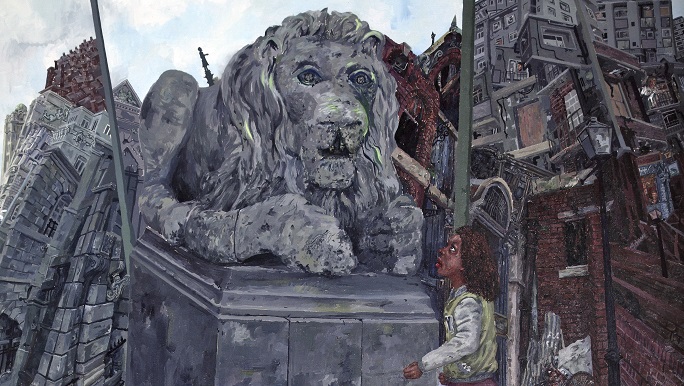 A young girl with brown skin and dark brown shoulder-length curly hair looks up at a stone sculpture of a lion lying on a plinth with its head raised and its paws near the girl’s head. The girl wears a jacket of pale greeny-yellow with white sleeves.  Behind them are buildings jumbled upwards.  This is a detail of the picture below. 