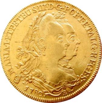 Portuguese gold Peca coin minted in Portugal in 1780. One side features the twin profiles of Dona Maria I, the first Queen of Portugal, and her husband Pedro III