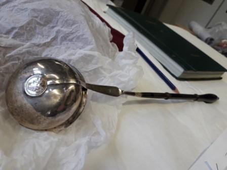 Silver punch ladle with Gold Portuguese coin set in the bowl