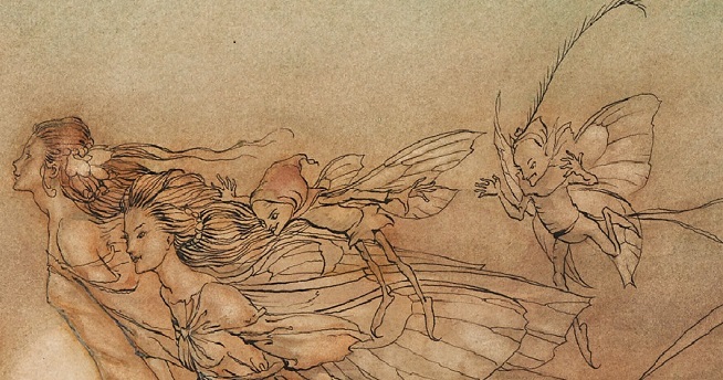 Two adult fairies are shown from the waist up plus two boy fairies follow. They fly towards the left. 