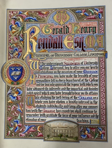 The illuminated manuscript presented to Rendall by the students in 1887. University of Liverpool Special Collections and Archives, S.3325
