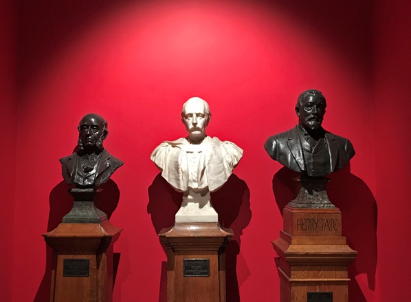 Busts on display in gallery three in the Victoria Building. Left – Richard Rathbone, Centre – Gerald Rendall, Right – Henry Tate.