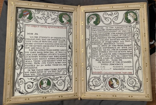 Testimonial presented to Rendall on 6 May 1898. Around the borders of the testimonial are water colour medallions of the heads of women depicting Philosophy and scrollwork, by R. Anning Bell who probably wrote the testimonial. Special Collections and Archives, S.3327