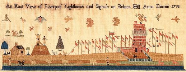 Extract from a needlework sampler by Elizabeth and Andrew Brunnell, depicting Bidston Hill in 1795. Courtesy of the Cooper Hewitt, Smithsonian Design Museum, New York City, public domain.
