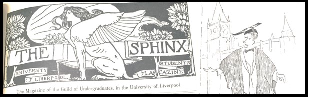 The Sphinx Magazine 1926 and an illustration of a student outside the Victoria Building, University of Liverpool Special Collections & Archives.