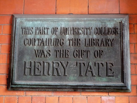 Plaque on the exterior of the Victoria Building commemorating Henry Tate’s donation for this section of the building.